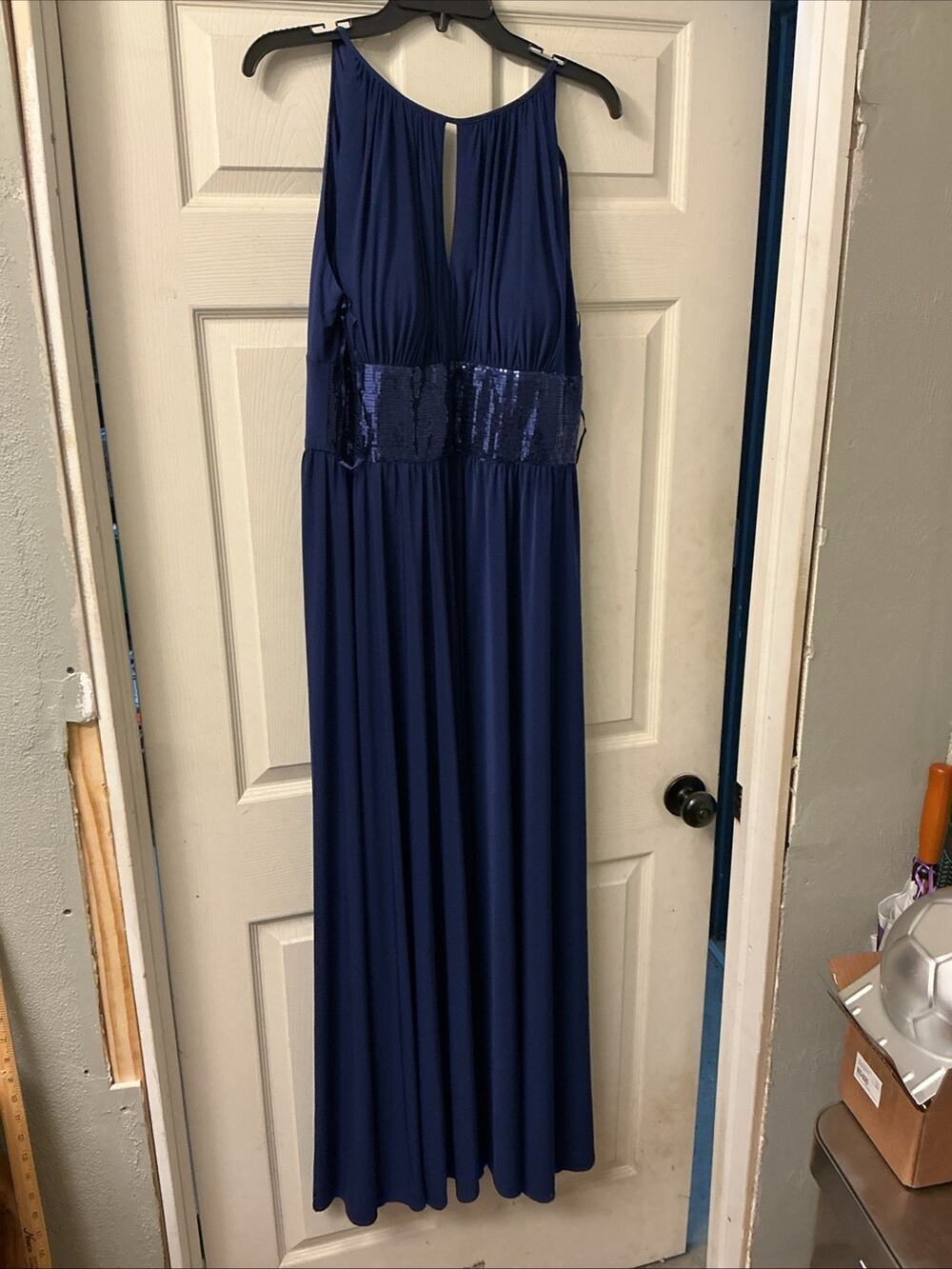 R & M Ruchards Sz 14 Royal Blue Halter Maxi Dress Embellished Waist Gown, 3820
